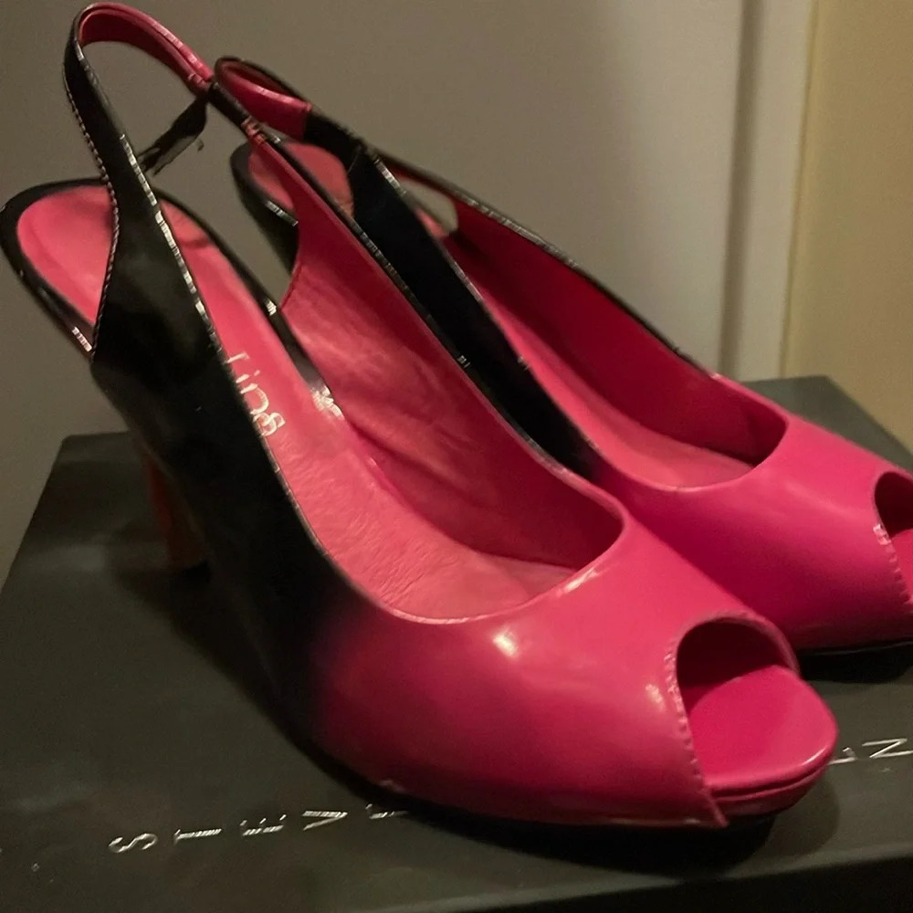 Pink to black sling backs